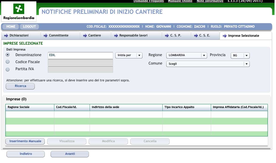 la scheda IMPRESE La ricerca permette di importare direttamente dall'anagrafica della Camera