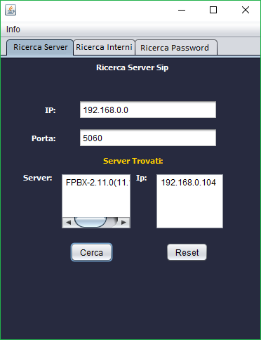 L interfaccia compilata si presenta in questo modo. Figura 44: Prima interfaccia - Esempio di Ricerca server SIP. Nell esempio si è cercato un PBX all interno di una rete locale: inserendo 192.168.0.