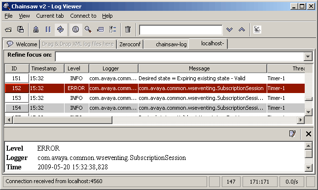 11. La struttura di navigazione a sinistra può essere utilizzata per ingrandire la visualizzazione del registro di un componente specifico del server one-x Portal