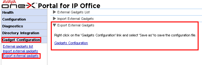 Amministrazione: Configurazione dei gadget 2. Fare clic su Esporta gadget esterni. 3. Fare clic con il tasto destro sul collegamento Configurazione gadget. 4.