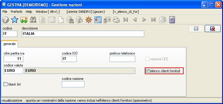 4 IMPOSTAZIONE PARAMETRI Nell'elenco vengono inclusi i nominativi nella cui nazione è spuntato il flag elenco clienti fornitori.