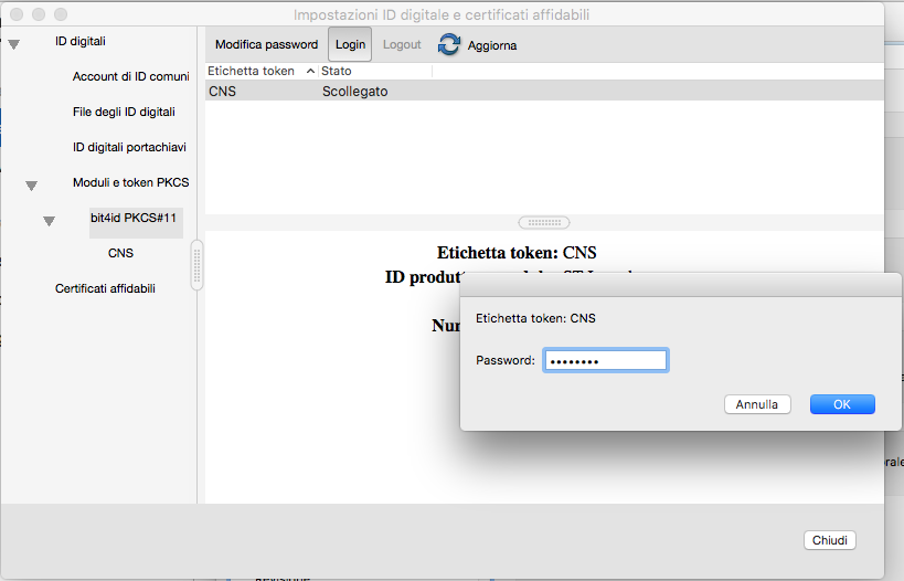 16. a questo punto si apre la finestra di richiesta della password associata al dispositivo di firma