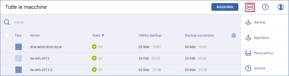 La visualizzazione tabella viene abilitata automaticamente quando il numero di macchine diventa ampio. Entrambe le visualizzazioni forniscono l'accesso alle stesse funzionalità e operazioni.