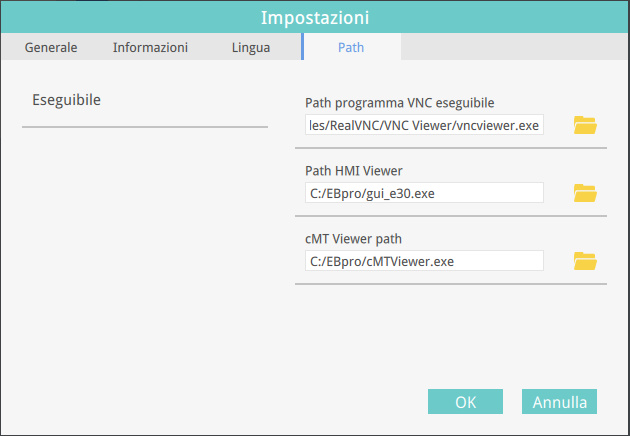 Impostazioni Opzione (tab) Descrizione Generale >> Traffico di rete Abilita/Disabilita la visualizzazione del traffico di rete sotto l HMI Information Lingua Versione Software Seleziona la lingua.