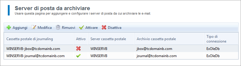 Schermata 56: Schermata Gestione cassette postali di journaling La tabella sottostante fornisce un elenco di informazioni e opzioni disponibili: OPZIONE Cassetta postale di journaling Attivo Server