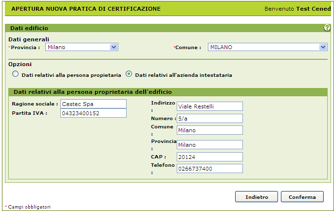 5.1.1.1 Dati relativi alla persona proprietaria In funzione di quanto scelto in precedenza, nella sottosezione Dati relativi alla persona proprietaria/ azienda intestataria dell edificio, è