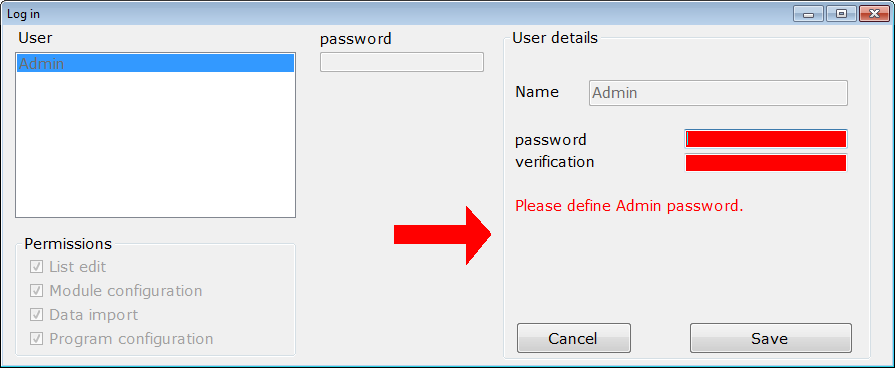 3. Login Panel - Pannello di login First use after product activation On first use after the activation of the product, the software will ask you to enter the new password to open the administrator
