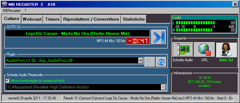 - 1 - MB RECASTER 3 MB RECASTER è un programma audio multifunzione che permette: Cattura audio da qualunque scheda audio o stream internet URL (Shoutcast, Icecast, Windows Media) Auto DJ interno: