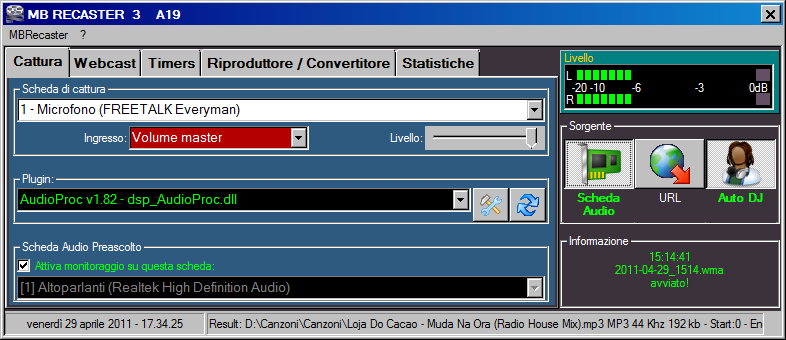 - 2 - CATTURA Dalla finestra di Cattura è possibile registrare/streamare audio da qualsiasi Scheda Audio, Url o suonare jingles e canzoni con la funzione Auto DJ.