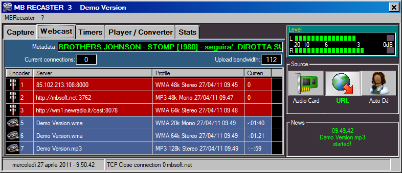 - 3 - WEBCAST La finestra WEBCAST mostra tutti gli encoders in esecuzione, i metadata attuali, il numero di connessioni e la banda di upload utilizzata.