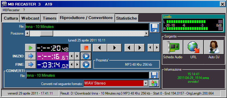 - 7 - RIPRODUTTORE / CONVERTITORE In questa finestra è possibile selezionare un file audio, settare il punto di INIZIO ed il punto di FINE e convertirlo in un altro formato.