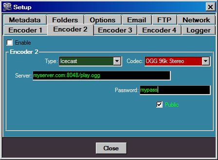 - 9 - CONFIGURAZIONE ENCODER ICECAST Impostare Tipo su Icecast Scegliere un Codec (Icecast accetta solo codec OGG o MP3 o AAC+) Inserire l'indirizzo del server, la porta