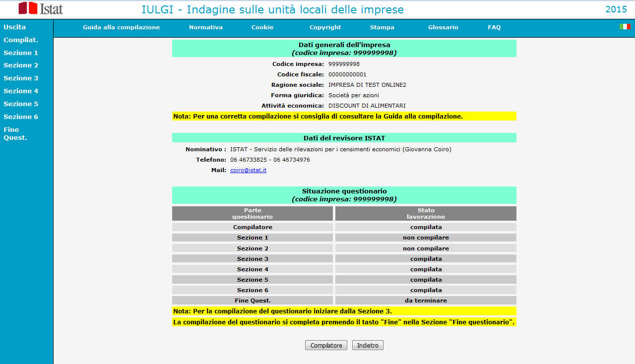 Selezionando Iulgi dall elenco Rilevazioni, sarà visualizzato il questionario e si potrà procedere all immissione dei dati nei campi predisposti, secondo le indicazioni di seguito riportate.