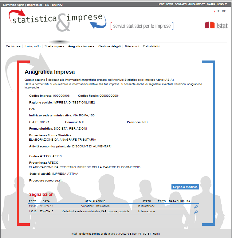 Modalità di modifica dei campi mediante compilazione del modulo Anagrafica Impresa accessibile dalla pagina principale del sito https://imprese.istat.