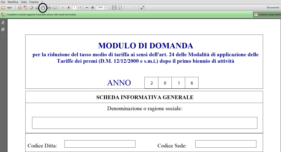 Al termine della compilazione del modello, salvare il file utilizzando il tasto salva indicato nella figura