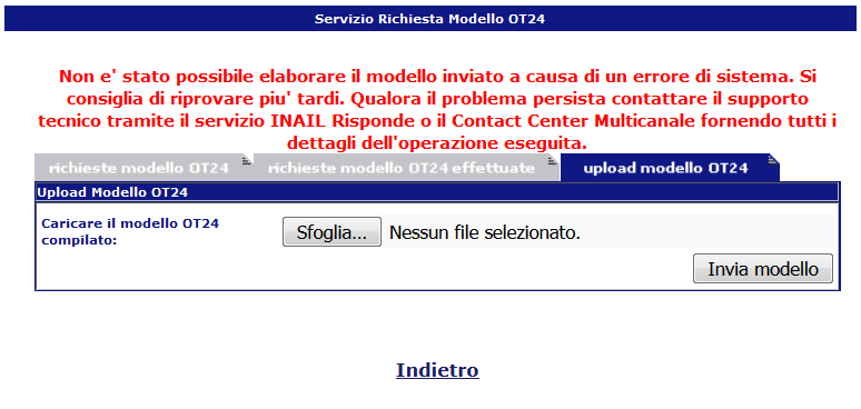 In caso di problemi infrastrutturali o non altrimenti gestititi il sistema invierà questo messaggio: Possibili casistiche di errore e relativi messaggi Casistica Non è stato selezionato nessun