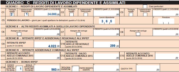 Il modello 730 quadro C sarà così compilato: Esempio 2 Reddito di lavoro dipendente frontaliere Paolo Verdi