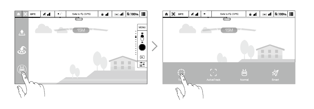 Avviare l APP DJI GO e cliccare (Tap) su messaggi nella parte inferiore della vista camera leggere e capire i Fare ancora Tapnella direzione voluta ed attendere che compaia selezione ed il modello si