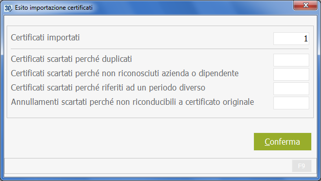 Al termine dell elaborazione del file selezionato, il programma proporrà la maschera di seguito illustrata nella quale verrà evidenziato il numero di: certificati correttamente importati; certificati