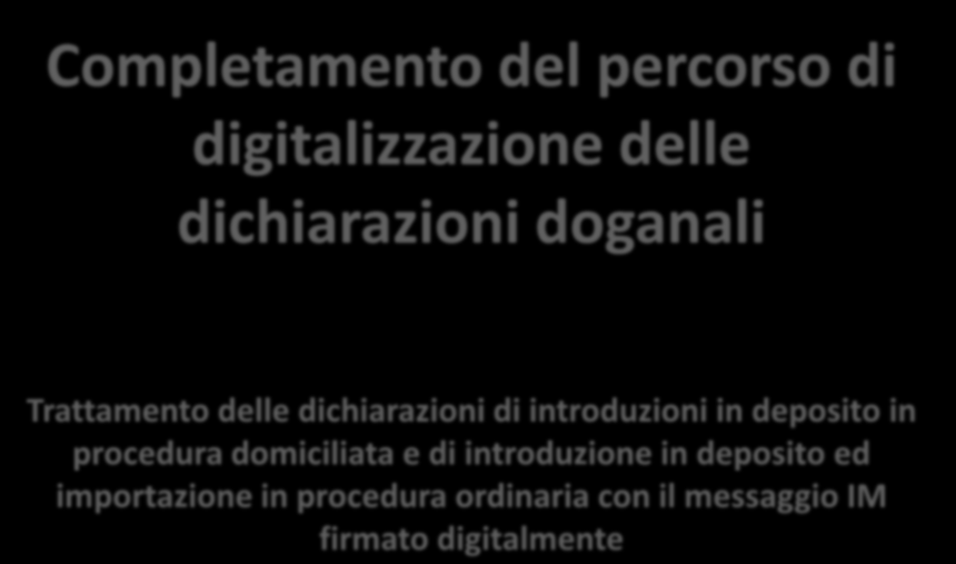 Novità previste per il 2012 Completamento del percorso di digitalizzazione delle dichiarazioni doganali Trattamento delle dichiarazioni di