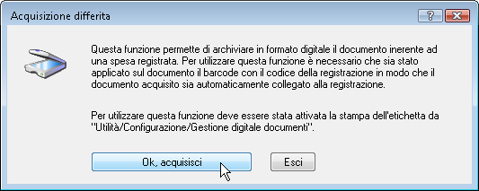 documento, oppure digitando il codice numerico dell etichetta oppure ancora inserendo il documento nello scanner e premendo il pulsante Lettura barcode da scanner.