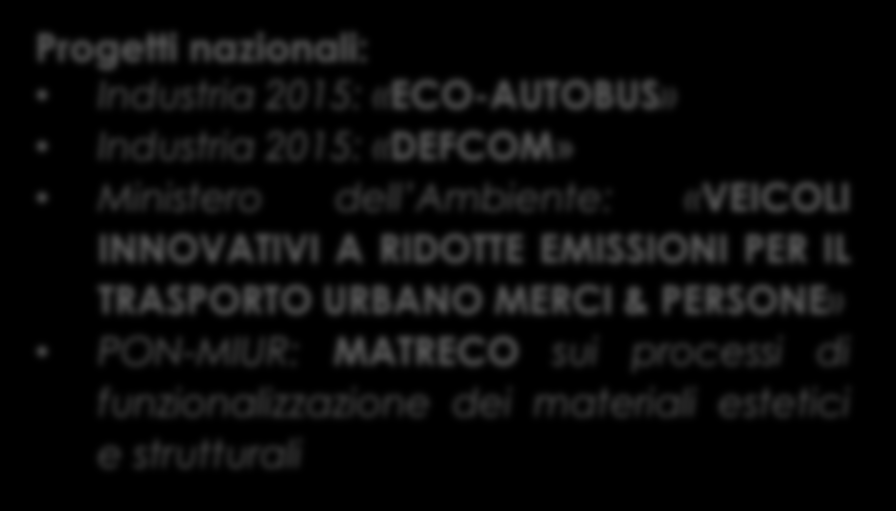 PRGETTI A LIVELL REGINALE E NAZINALE P R G E T T I I N C R S Progetti nazionali: Industria 2015: «EC-AUTBUS» Industria 2015: «DEFCM» Ministero dell Ambiente: «VEICLI INNVATIVI A RIDTTE EMISSINI PER