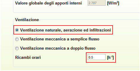 Per quanto riguarda la ventilazione è necessario selezionare, nel caso in esame, la voce