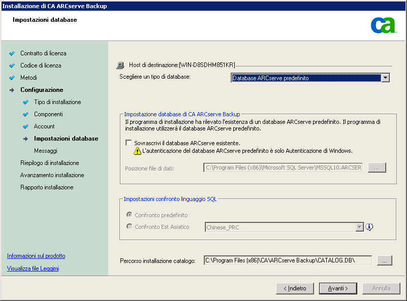 Distribuzione del server CA ARCserve Backup su cluster NEC Finestra di dialogo Impostazioni database Consente di configurare il database CA ARCserve Backup.