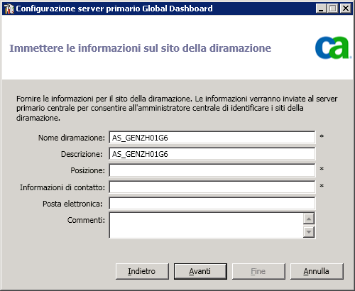 Configurare Global Dashboard 2. Specificare il nome e il numero della porta del server primario centrale e la password di autenticazione.