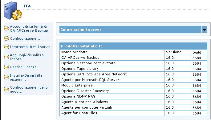 Procedure consigliate a livello generale 2. Per visualizzare i prodotti CA ARCserve Backup installati su un server primario e un server membro, selezionare il server nella struttura delle directory.