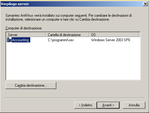 186 Installazione dei server Symantec Client Security Distribuzione di un installazione server tramite una connessione di rete Per completare l'installazione del server 1 Nel pannello Seleziona