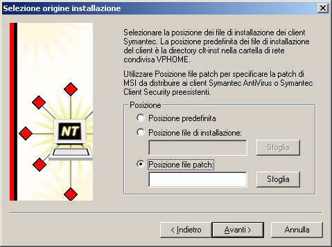 Applicazione di una patch di Symantec Client Security Avvio della distribuzione della patch 255 Esecuzione dello Strumento Installazione di ClientRemote Il programma Strumento Installazione di