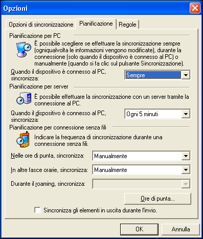 4. Nella scheda Pianificazione, scegliere se si desidera sincronizzare i dati Sempre, Durante la connessione o Manualmente.