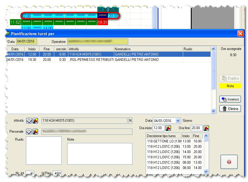 Operatività L'operatore non abilitato alla modifica del lavorato, a questo punto, può intervenire esclusivamente sulla turnistica per modificare l'inizio o la fine del turno oppure per inserire