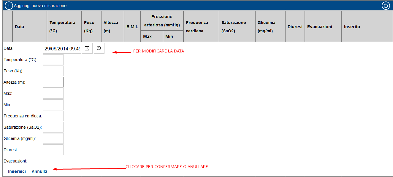 Diario medico: Cliccando sul link è possibile visualizzare il diario medico senza poterlo modificare. Misurazioni In questa maschera vengono inseriti i parametri vitali.