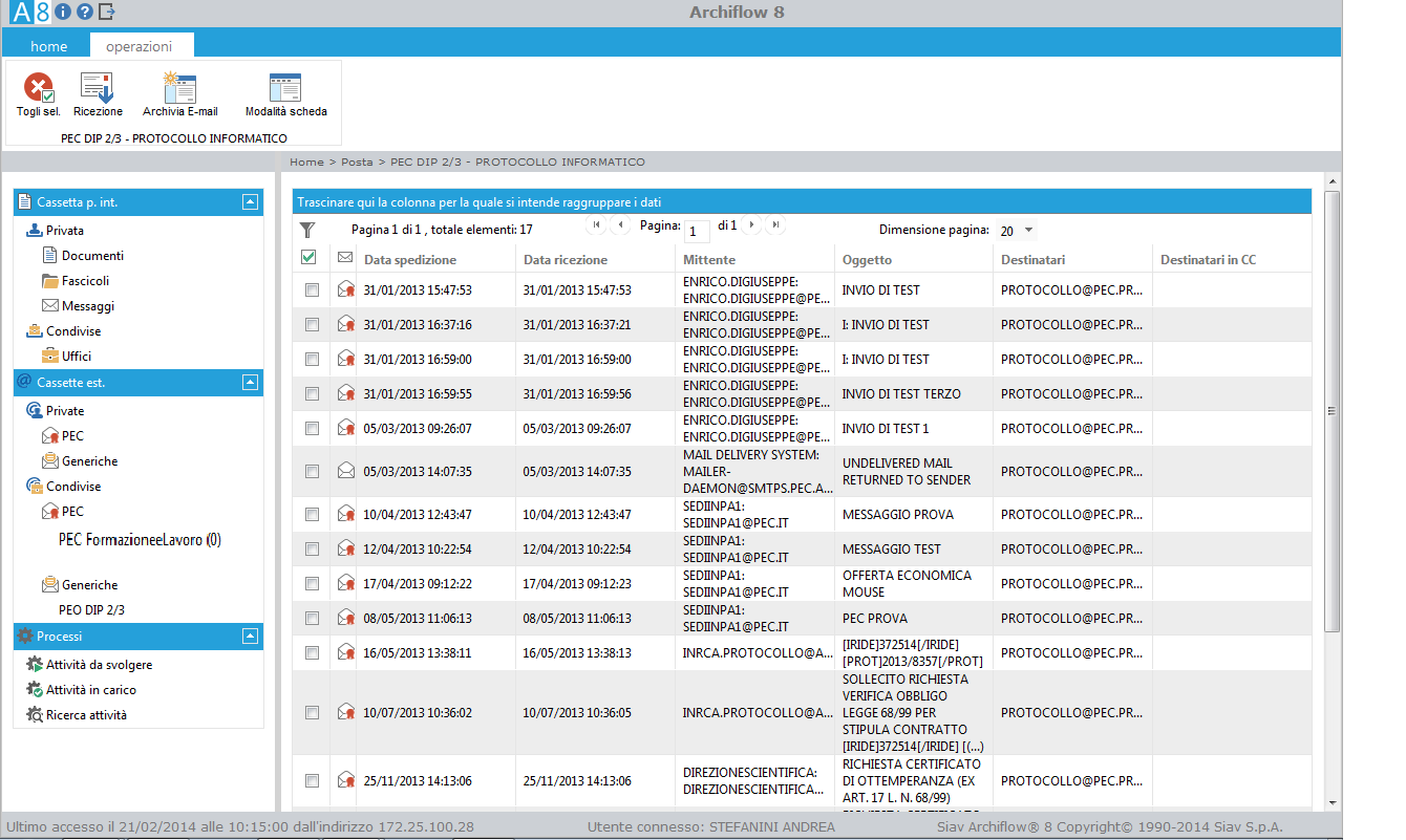 Lista Mail ricevute Dalla lista si seleziona la mail per visualizzarne il contenuto (è possibile in alcuni casi verificare dall oggetto della PEC se è di competenza del proprio Dipartimento/Servizio).