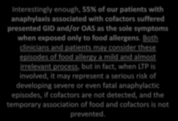 Anaf.+COF Interestingly enough, 55% of our patients with anaphylaxis associated with cofactors suffered presented GID and/or OAS as the sole symptoms when exposed only to food allergens.