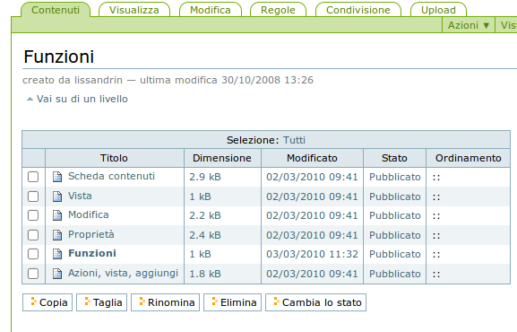 2) CONTENUTI Permette di visualizzare tutti gli oggetti caricati nel sito o contenuti in una cartella, di agire sul loro