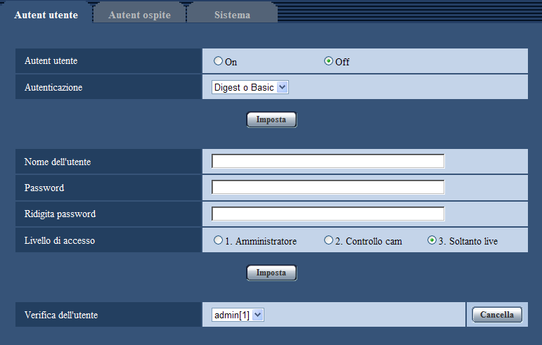 11 Configurazione delle impostazioni riguardanti l autenticazione [Gestione utenti] 11 Configurazione delle impostazioni riguardanti l autenticazione [Gestione utenti] Sulla pagina Gestione utenti si