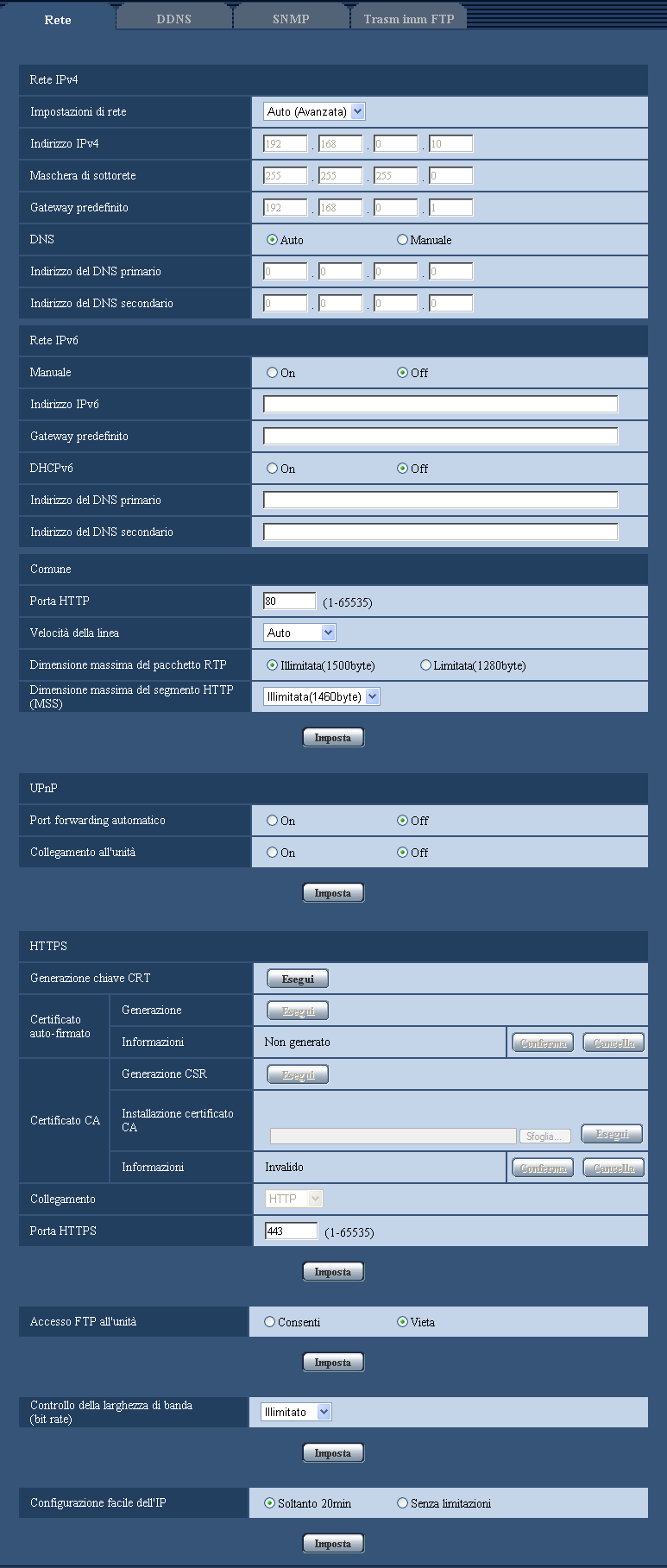 13 Configurazione delle impostazioni di rete [Rete] Rete IPv4 [Impostazioni di rete] Selezionare il metodo di configurazione dell indirizzo IP dai seguenti.