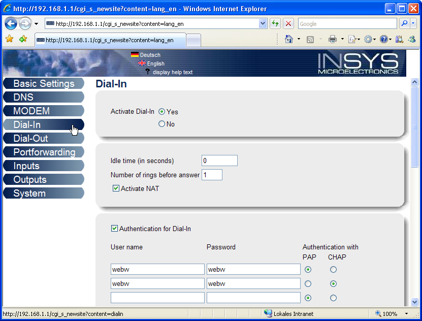 9 Trasmissione dei valori di misura verso un server WEB-VV Figura 30: Impostazioni GSM/GPRS Impostazioni dial-in Eseguite le seguenti impostazioni dial-in (vedi figura) per la parametrizzazione