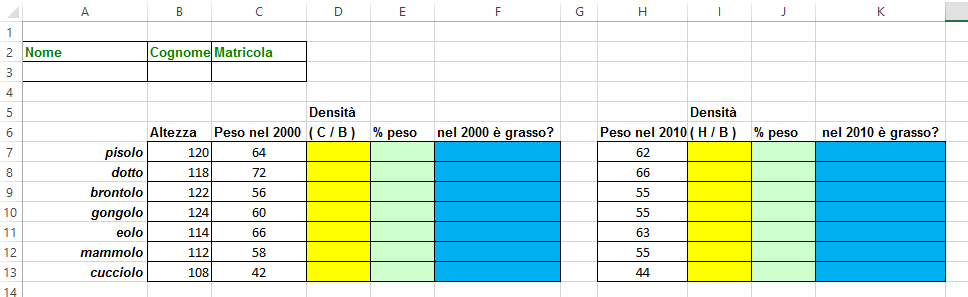 Nome Cognome e Matricola: EXCEL (punteggio minimo: 5 su 10) (utilizzare il file esame 1.