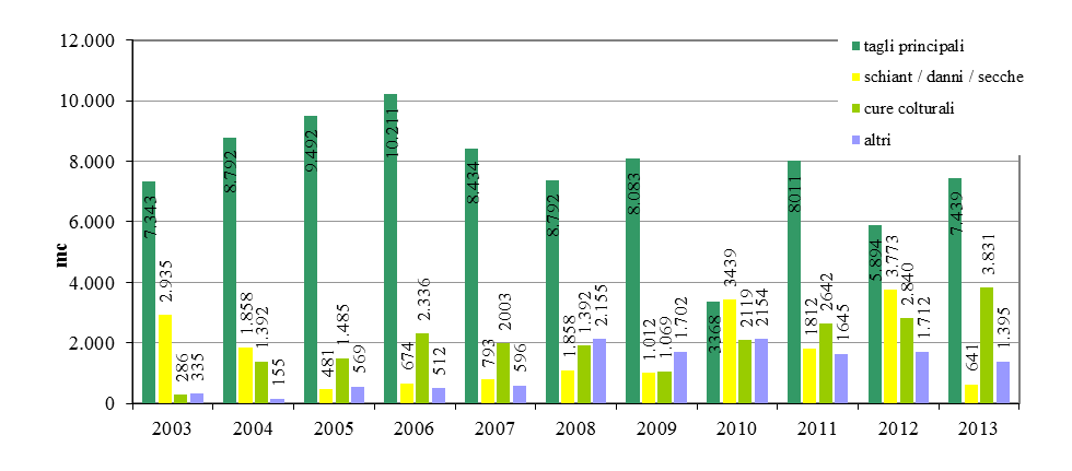 Utilizzazioni 2003 2013 5. Mercato del legno Come gli anni scorsi anche il 2013 ha risentito notevolmente della recessione economica, che si fa sentire soprattutto nel settore edile.