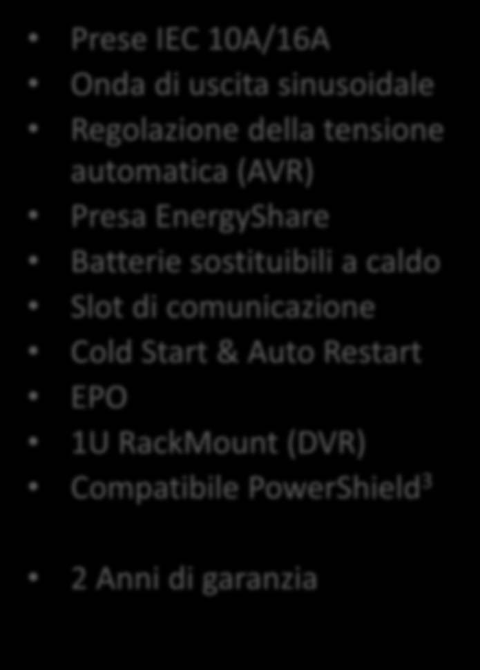 tensione automatica (AVR) Presa EnergyShare Batterie sostituibili a caldo Slot di