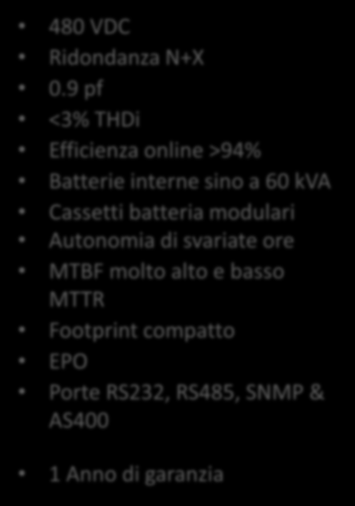 9 pf <3% THDi Efficienza online >94% Batterie interne sino a 60 kva Cassetti