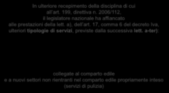 Reverse charge 75 Settore edile lett. a-ter) In ulteriore recepimento della disciplina di cui all art. 199, direttiva n. 2006/112, il legislatore nazionale ha affiancato alle prestazioni della lett.