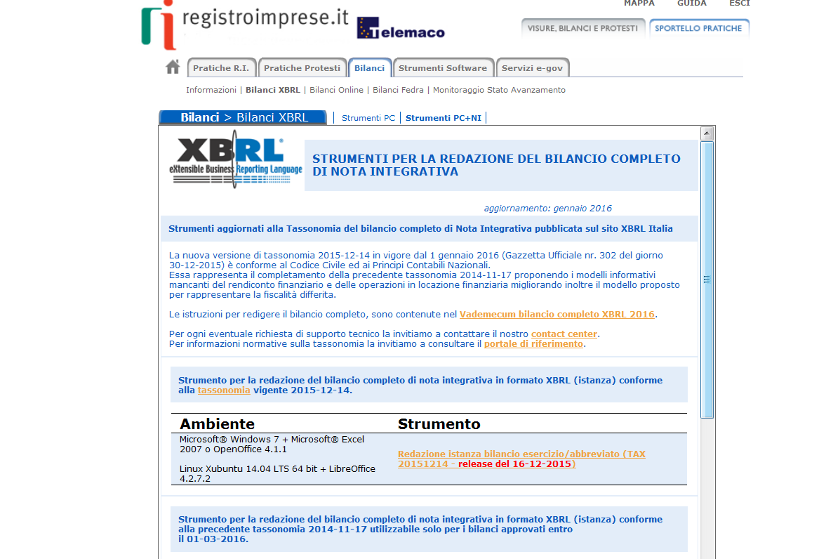 Strumenti per la redazione XBRL InfoCamere mette a disposizione uno strumento con funzioni di base per creare manualmente la nota integrativa in formato XBRL sul sito WebTelemaco.InfoCamere. it, Bilanci Bilanci XBRL Strumenti PC+NI che può essere utilizzato sia su piattaforma Windows che Linux.