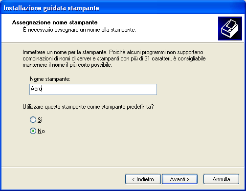 INSTALLAZIONE DEI DRIVER DI STAMPA 19 9 Nel campo Nome stampante, digitare un nome per l unità Fiery EXP8000 e specificare se si desidera che sia la stampante predefinita, quindi fare clic su Avanti.