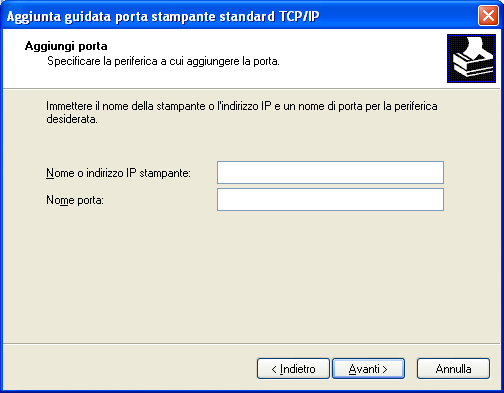 CONFIGURAZIONE DEI COLLEGAMENTI DI STAMPA 28 5 Selezionare Standard TCP/IP Port in Tipi di porte disponibili e fare clic su Nuova porta. 6 Fare clic su Avanti.