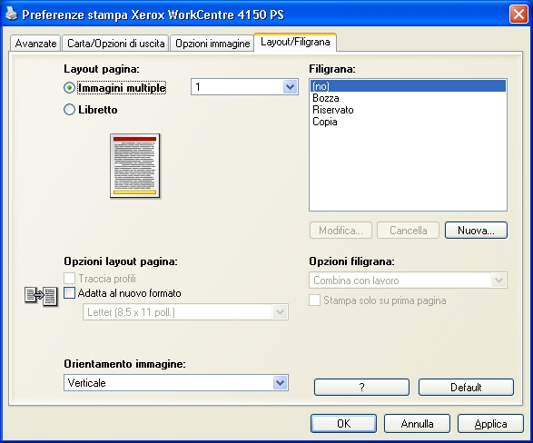 7 Stampa Layout/Filigrana Questa scheda consente di modificare il layout di un documento e di aggiungere delle filigrane.